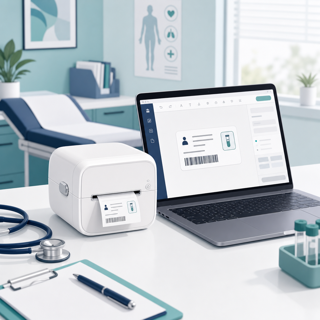 NIIMBOT B1 printer printing a pathology label next to a laptop in a GP clinic